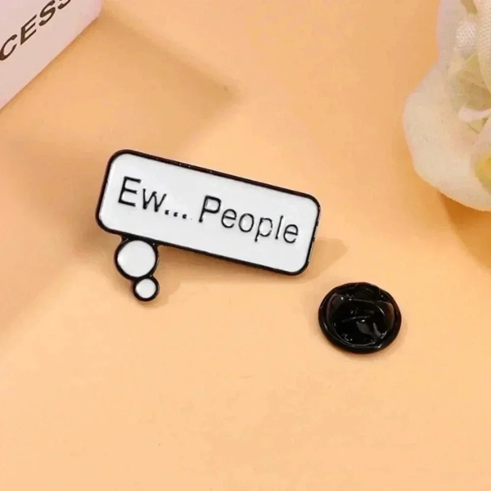 Black white speech text bubble with ew… people enamel pin bag clothes denim hat